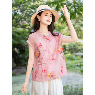 Estilo chinês abotoado manga curta topo feminino verão solto em torno do pescoço Floral rosa Retro elegante camisa de me