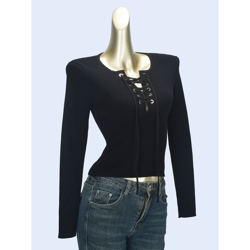 Puro desejo quente menina com decote em V amarrado manga comprida camiseta feminina primavera outono estilo ocidental re