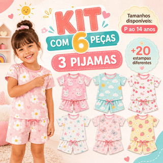 Kit 3 Pijamas Bebê Infantil Criança Menina Manga Curta Verão Calor Roupa de Dormir 6 Peças Estampas Sortidas Baby Doll