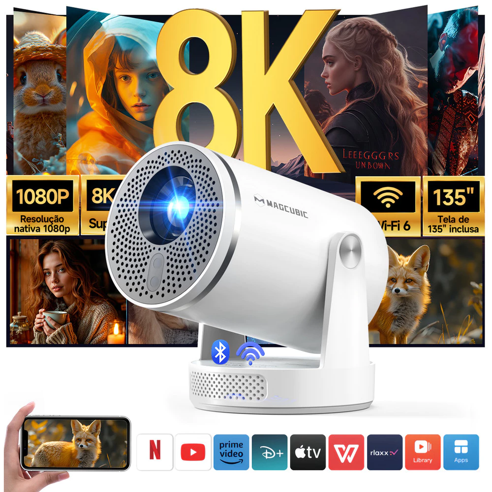 Magcubic HY320Pro Portátil Mini Projetor 4K Android 14 com Foco Automático 400ANSI Controle por Voz