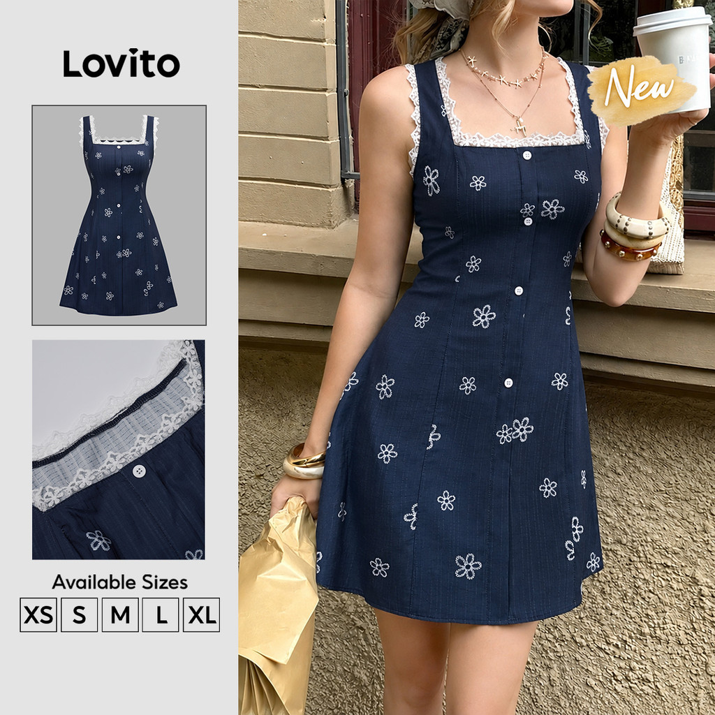 (New Arrival) Lovito Vestido Casual Y2k Com Gola Babada E Blocos De Cores Para Primavera/verão Azul Para Mulheres DRK9P1D330
