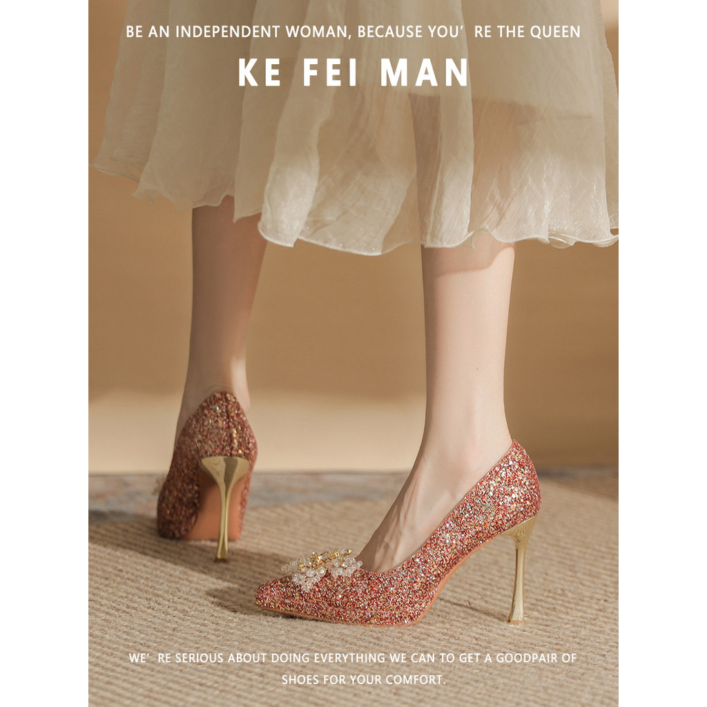 [Kefiman] Lindos sapatos de casamento Xiuhe vermelho cristal feminino plataforma de lantejoulas salto alto não cansado s