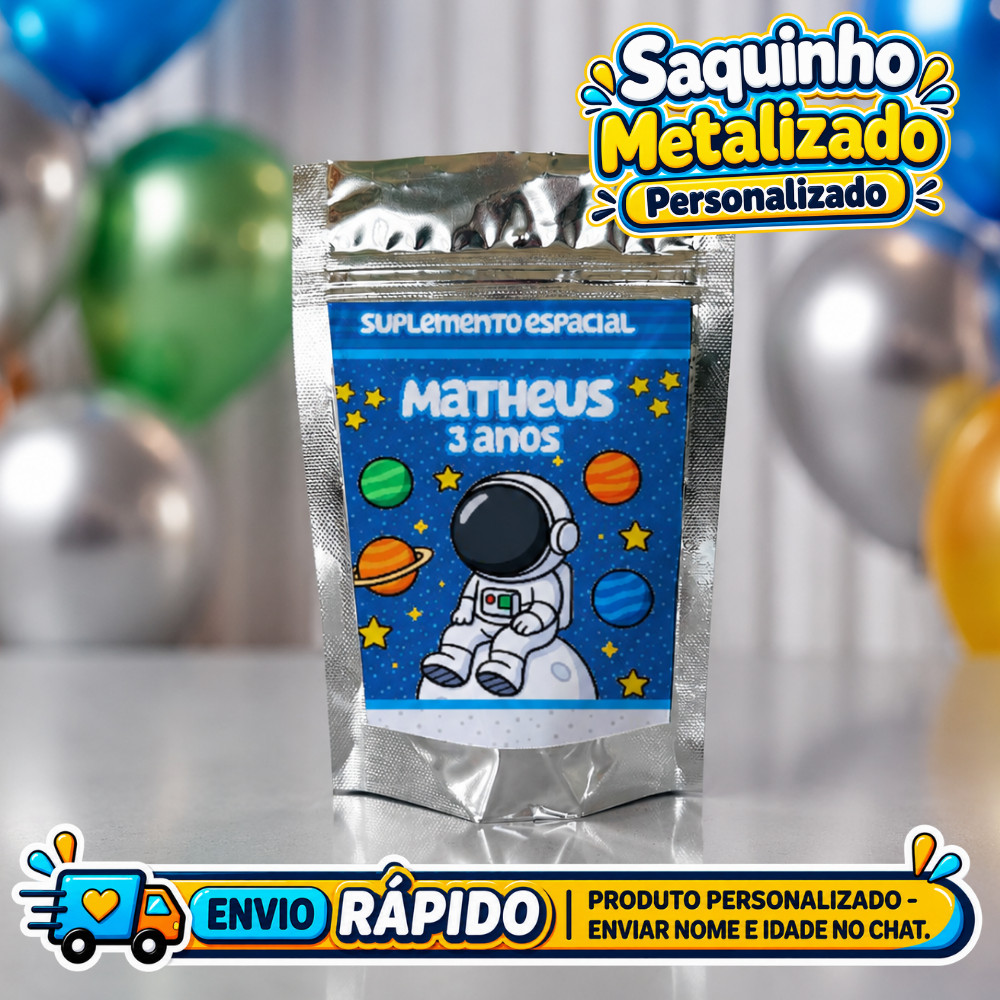 Saquinho Metalizado Astronalta Personalizado / Lembrancinha de Festa /Aniversário