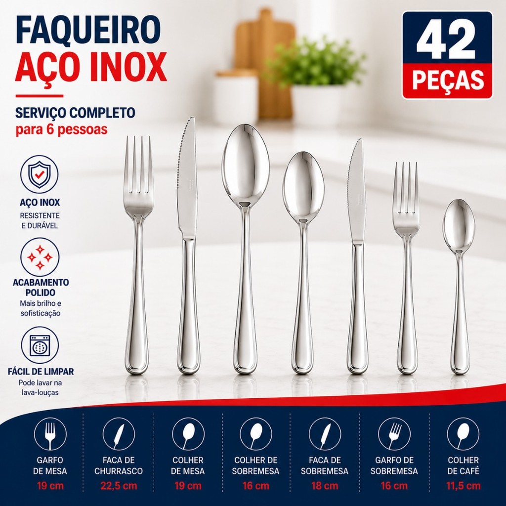 Kit Talheres Inox Completo 42 84 ou 126 Peças Garfos Colheres Facas Mesa Sobremesa e Café