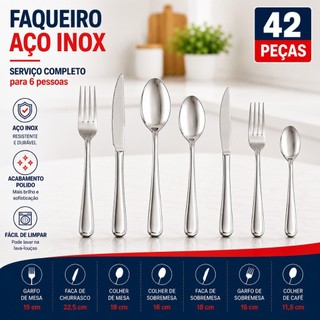 Kit Talheres Inox Completo 42 84 ou 126 Peças Garfos Colheres Facas Mesa Sobremesa e Café
