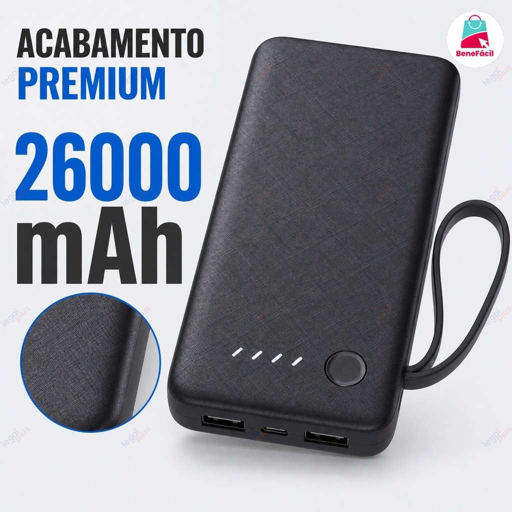 Carregador Portátil Power Bank 26000mAh Carga Rápida 4 Cabos USB Prontos para Uso Celular Dia a Dia Viagem