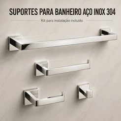 Kit Banheiro 4 Peças Inox 304 Toalheiro 60cm Porta Papel Gancho Premium Inox Polido ou Preto Fosco