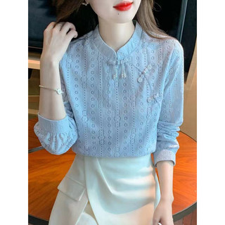 Novo estilo chinês estilo nacional camisa de fundo 2026 oco novo estilo gola alta estilo chinês fivela estilo ocidental 