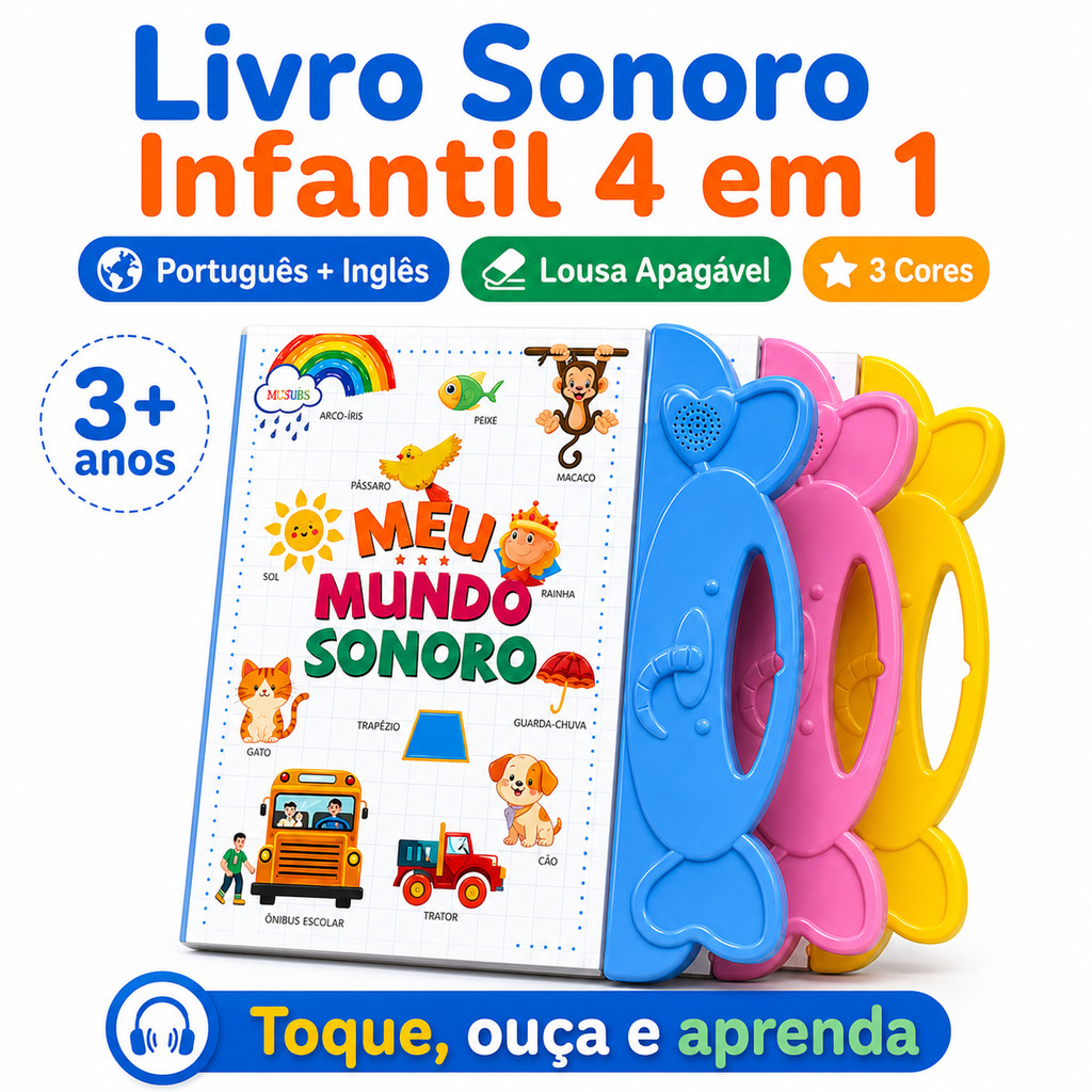 Livro Infantil Sonoro Interativo Bilíngue Português Inglês Com Lousa Mágica Apagável Canetinhas Educativo Criança 3 Anos