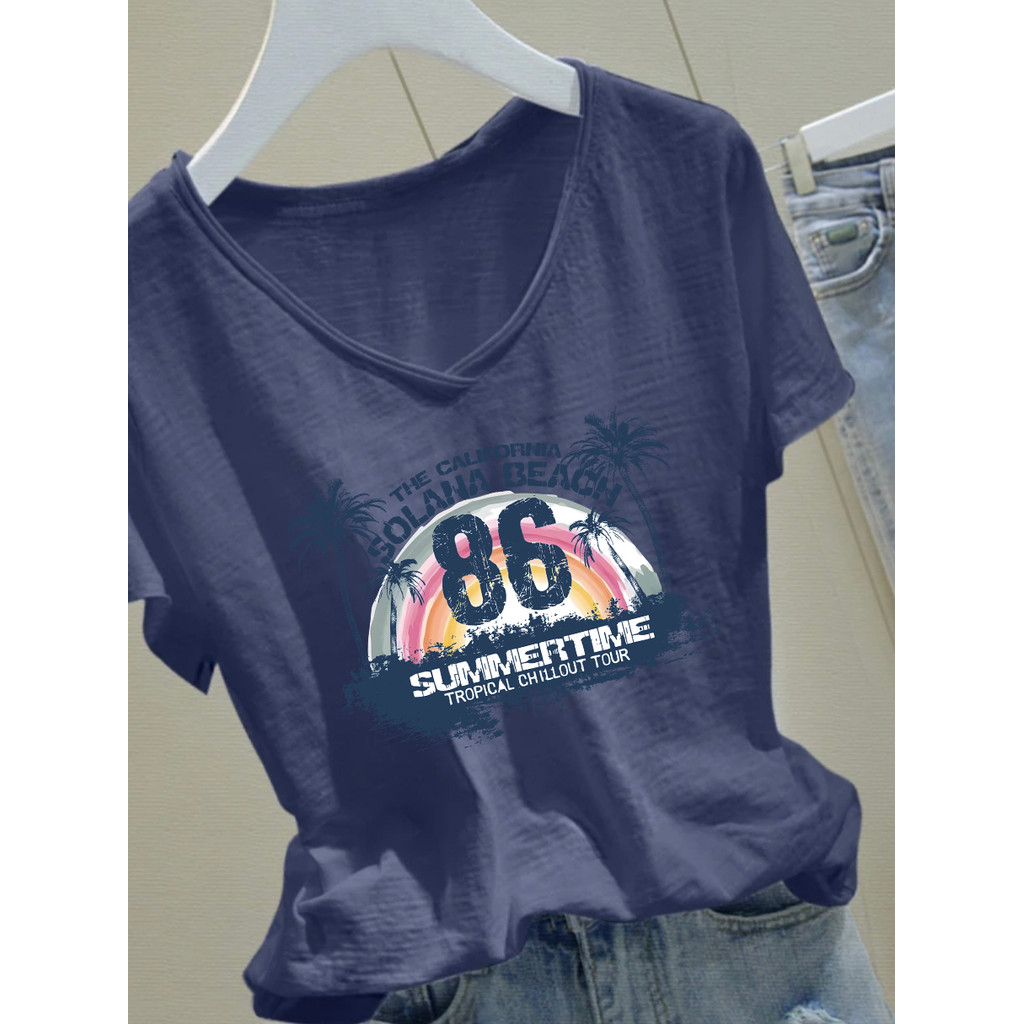 Estilo Casual novo estilo cor sólida Slub algodão com decote em v camiseta de manga curta feminina Plus Size novo estilo