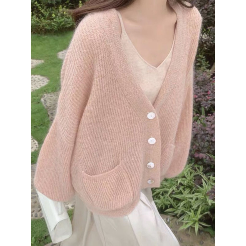 Rosa estilo suave macio ceroso malha Cardigan feminino solto preguiçoso caído ombro camisola jaqueta com decote em v bol