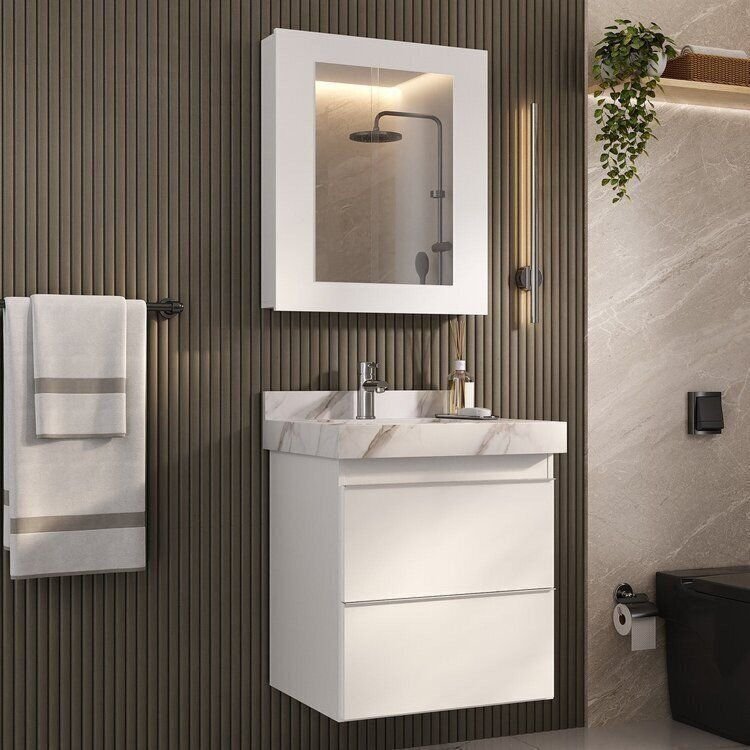 Conjunto para Banheiro Lavatório em Porcelanato com Cuba Esculpida, Gabinete Liso e Espelheira 60cm Branco