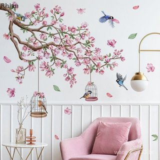 [Rhian] Rosa Flor De Pêssego Pássaro Adesivos De Parede PVC Auto-Adesivo Quarto Sala De Estar Arte Deco Decalque Decoraç