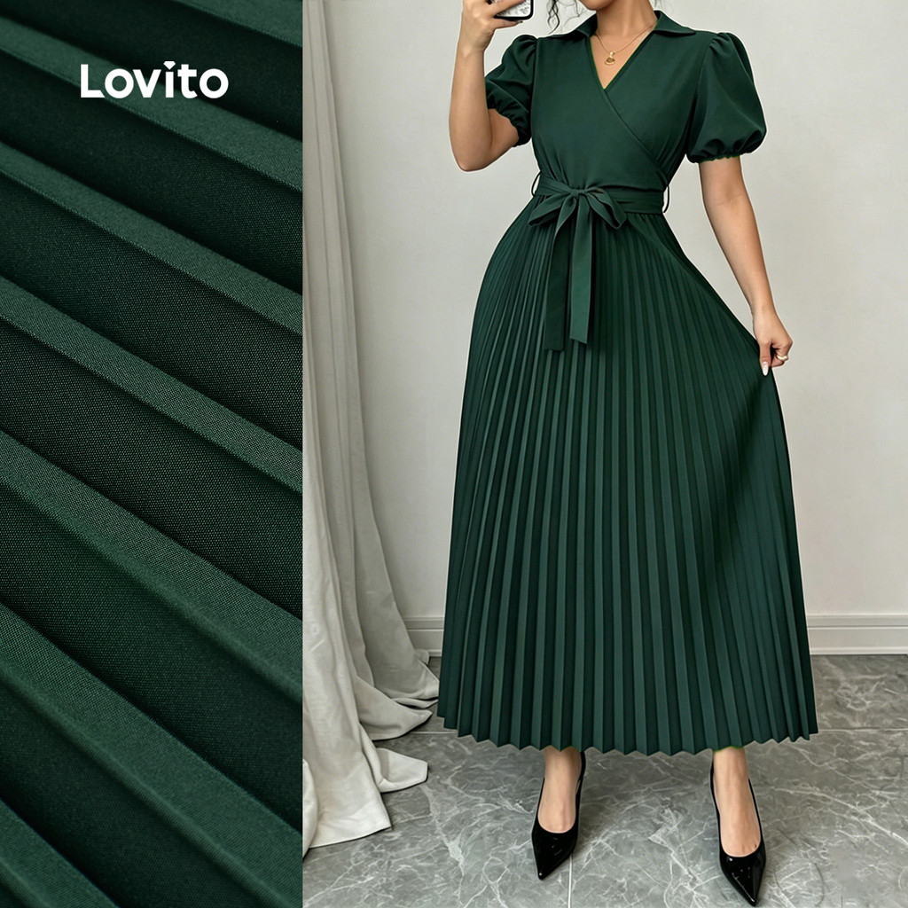 Lovito Vestido Elegante Plissado com Cinto Vestido Verde de Primavera/verão para Mulheres LBL37172