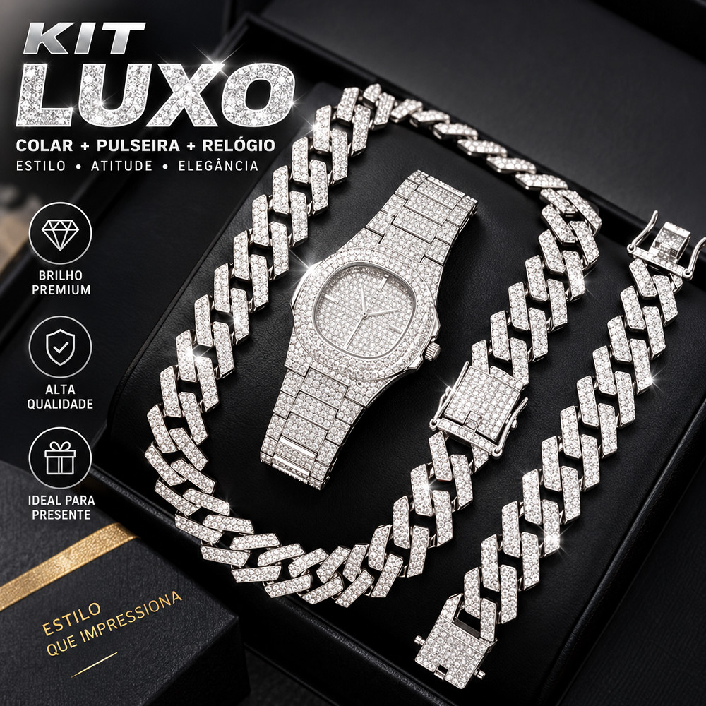 Kit 3 Peças Conjunto Relógio Masculino Hip Hop Iced Out Cravejado Zircônia Corrente Cubana Colar Pulseira Luxo Quartzo