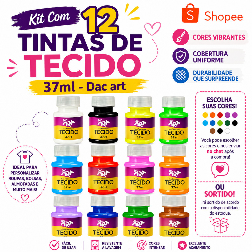 Kit Com 12 Tintas De Tecido 37ml - Dac art