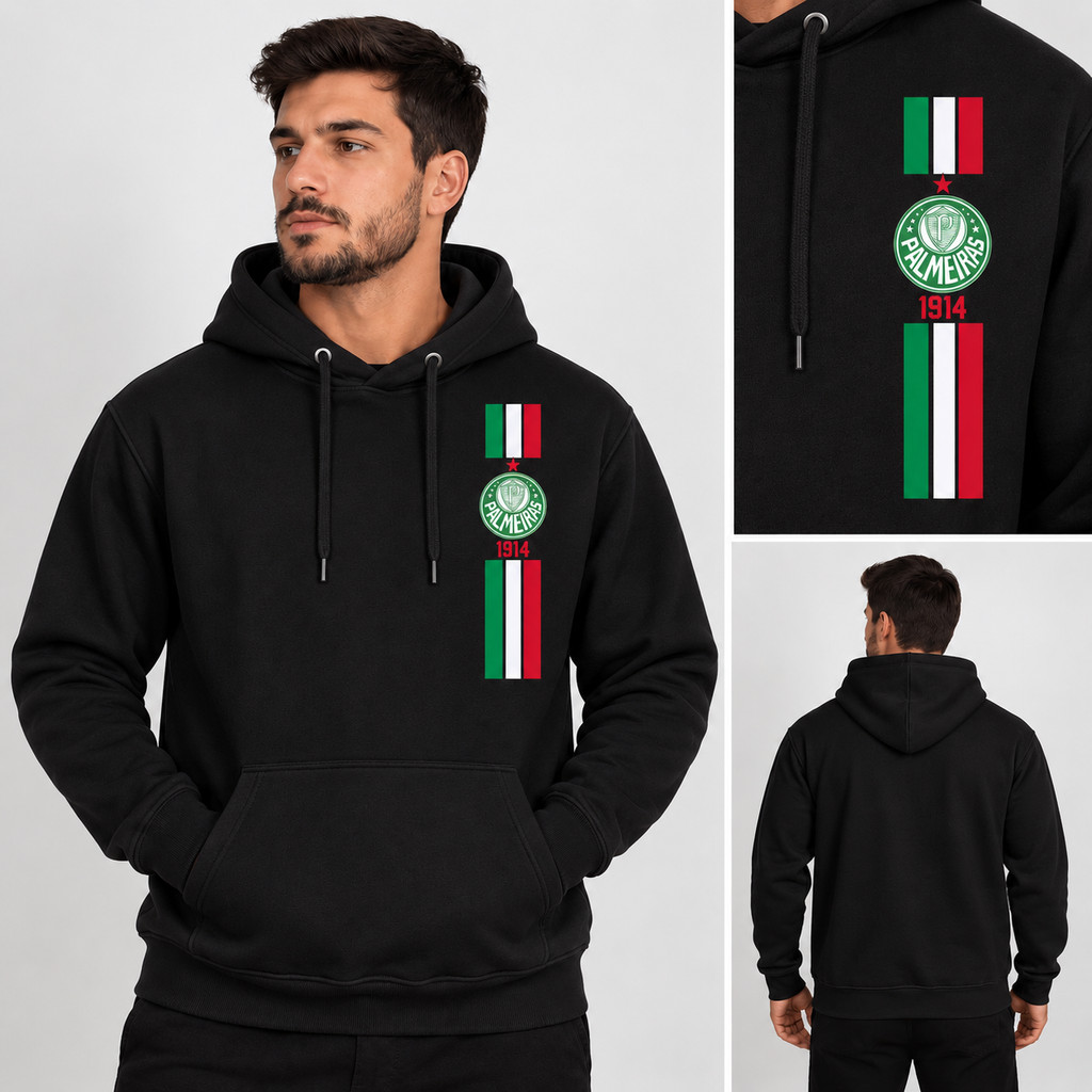 Moletom Canguru Com Capuz e Bolsos e Blusa de Frio Gola Careca Time Palmeiras Futebol.