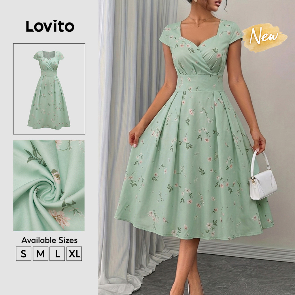 Lovito Vestido Feminino Verde Floral com Pregas e Zíper Modelo Longo A DRB39BR018