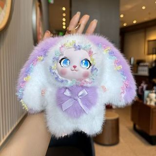 Chaveiro de coelho de pelúcia super macio e fofo com orelhas grandes e renda, boneco de vinil de desenho animado, acessó