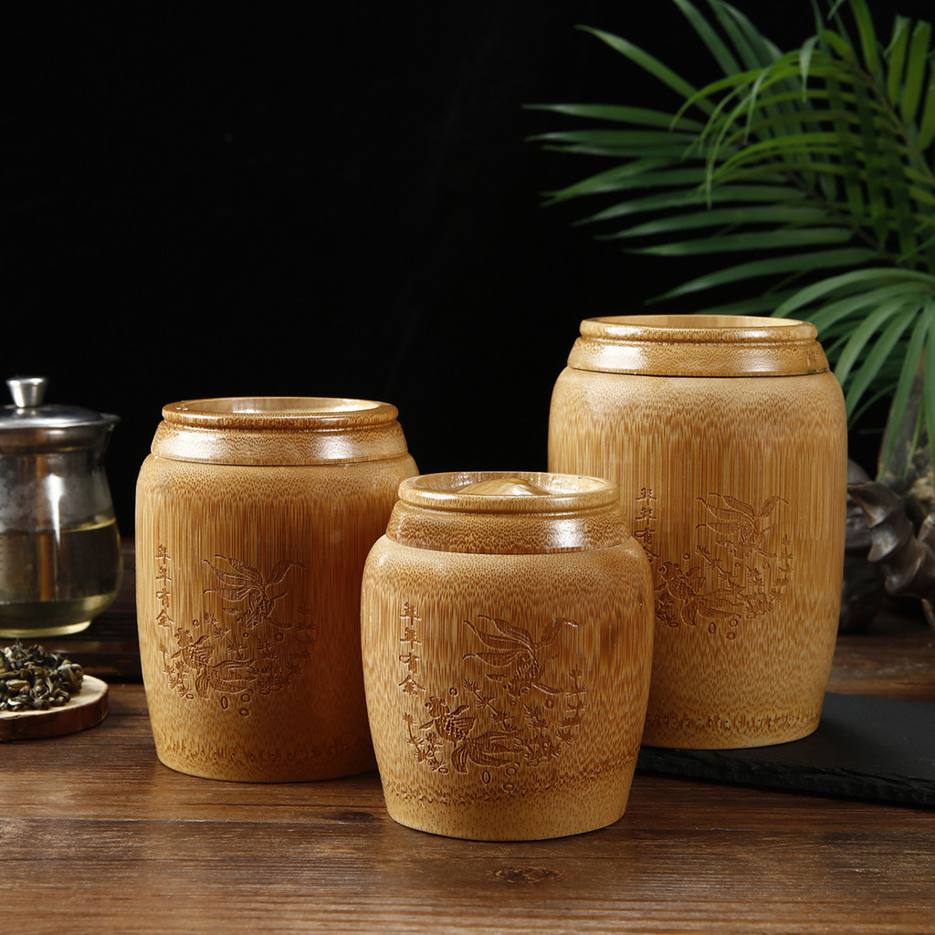 Pote de bambu Natural chinês tipo tanque de armazenamento de chá pequeno portátil redondo barril de chá médio selado tan