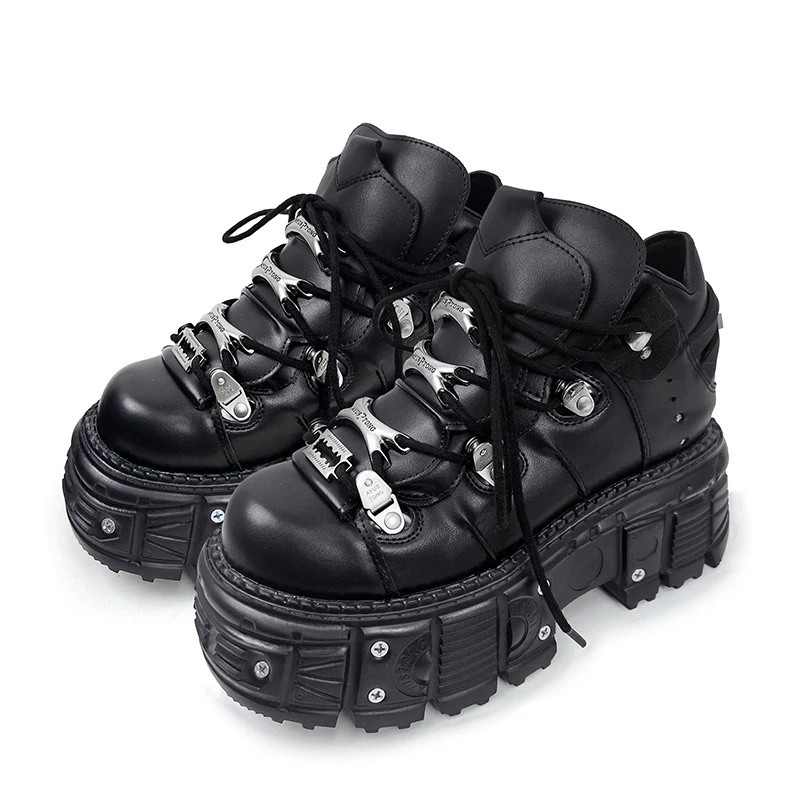 Novos sapatos femininos, estilo punk, com cadarço, salto de 6 cm, sapatos de plataforma, botas góticas de cano curto, bo