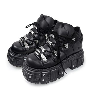 Novos sapatos femininos, estilo punk, com cadarço, salto de 6 cm, sapatos de plataforma, botas góticas de cano curto, bo