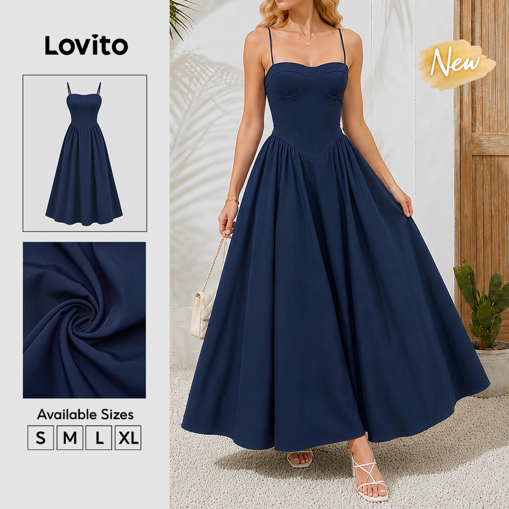 (New Arrival) Lovito Vestido Boho Feminino Longo Azulescuro Plissado Com Zíper Corte a Primavera/Verão DRB39BR121