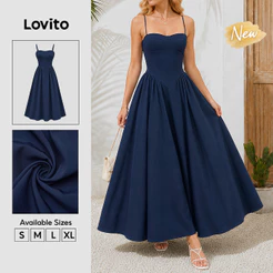 (New Arrival) Lovito Vestido Boho Feminino Longo Azulescuro Plissado Com Zíper Corte a Primavera/Verão DRB39BR121