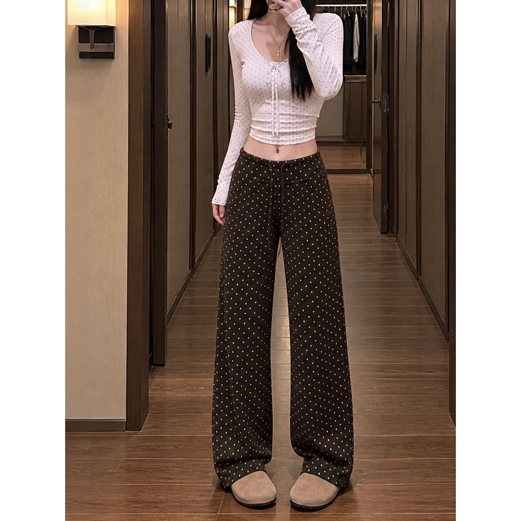 Merad café cor bolinhas calças femininas outono cintura alta Drape versão estreita em linha reta Casual pequeno arroz gl