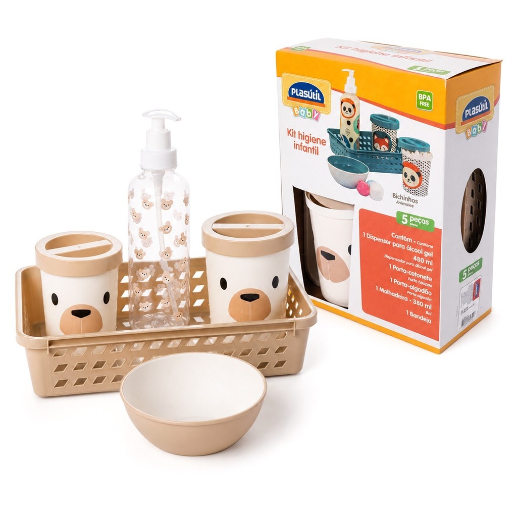 Kit Higiene Bebê Urso Creme 5 Peças Cesta Dispenser Porta Algodão Porta Cotonete - Plasútil