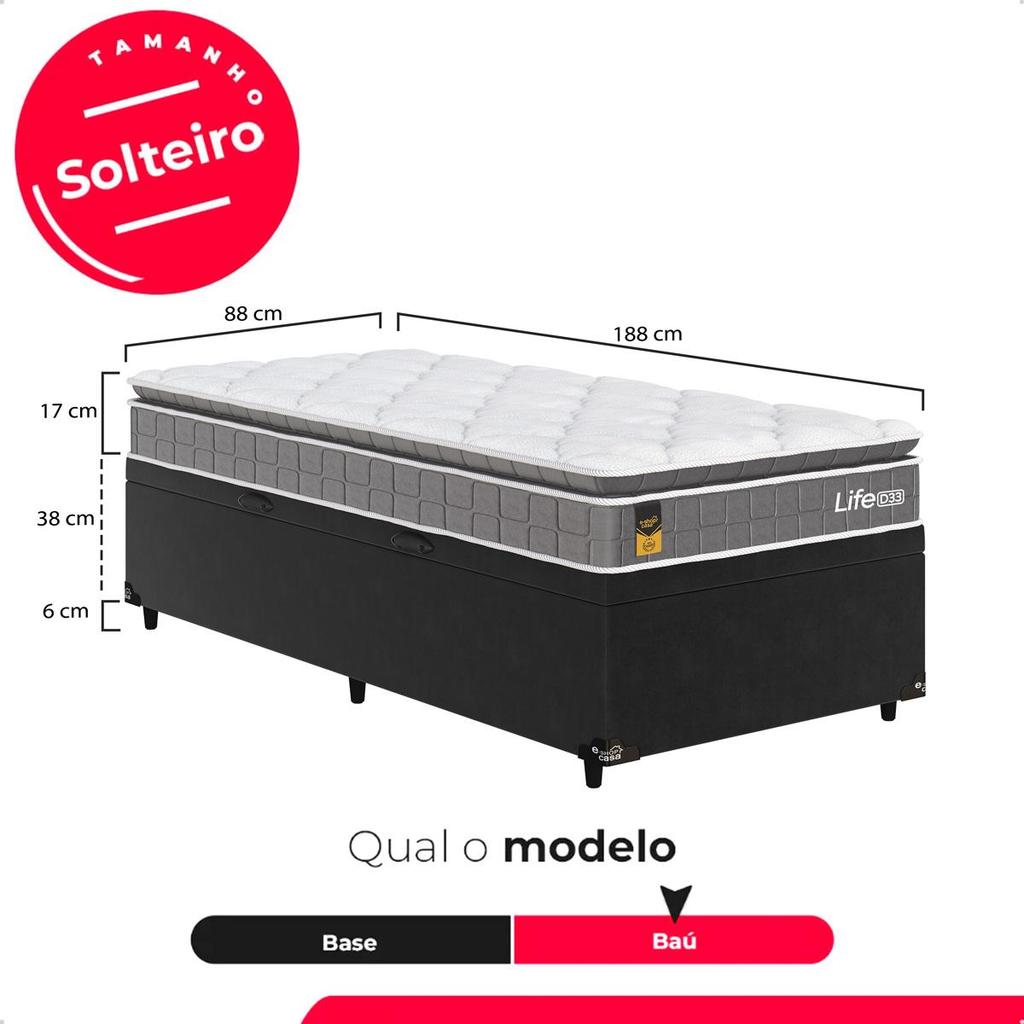 Cama Box Baú Solteiro Preto + Colchão Life D33 Pillow Top 61x88x188cm Cinza - e-Shop Casa — imagem 2 de 2