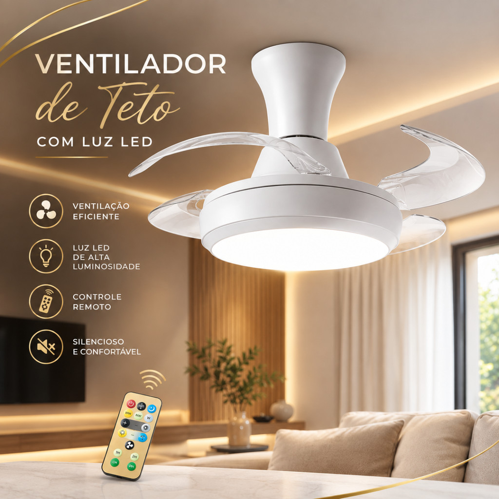 Ventilador 120w de Teto Retrátil Silencioso com Lâmpada Integrada 3 cores Controle Remoto Bivolt E27 Luminária de Teto