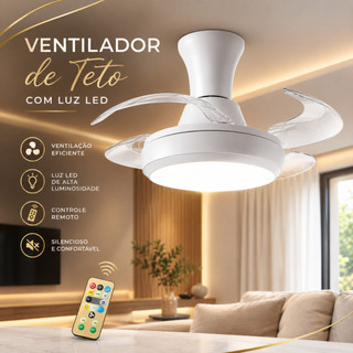 Ventilador 120w de Teto Retrátil Silencioso com Lâmpada Integrada 3 cores Controle Remoto Bivolt E27 Luminária de Teto