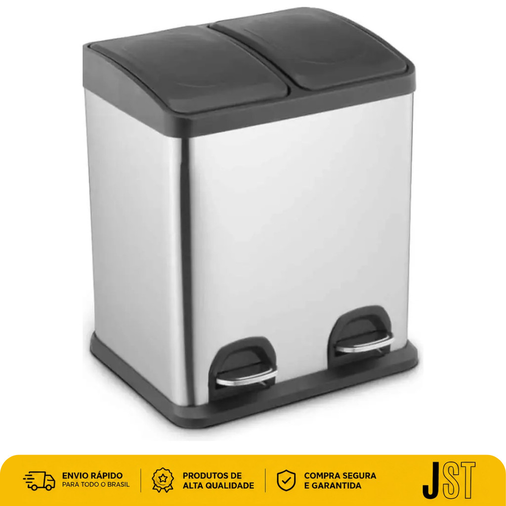 Lixeira Dupla Seletiva Inox 30L Pedal 2x15L JST Cozinha Cesto de Lixo