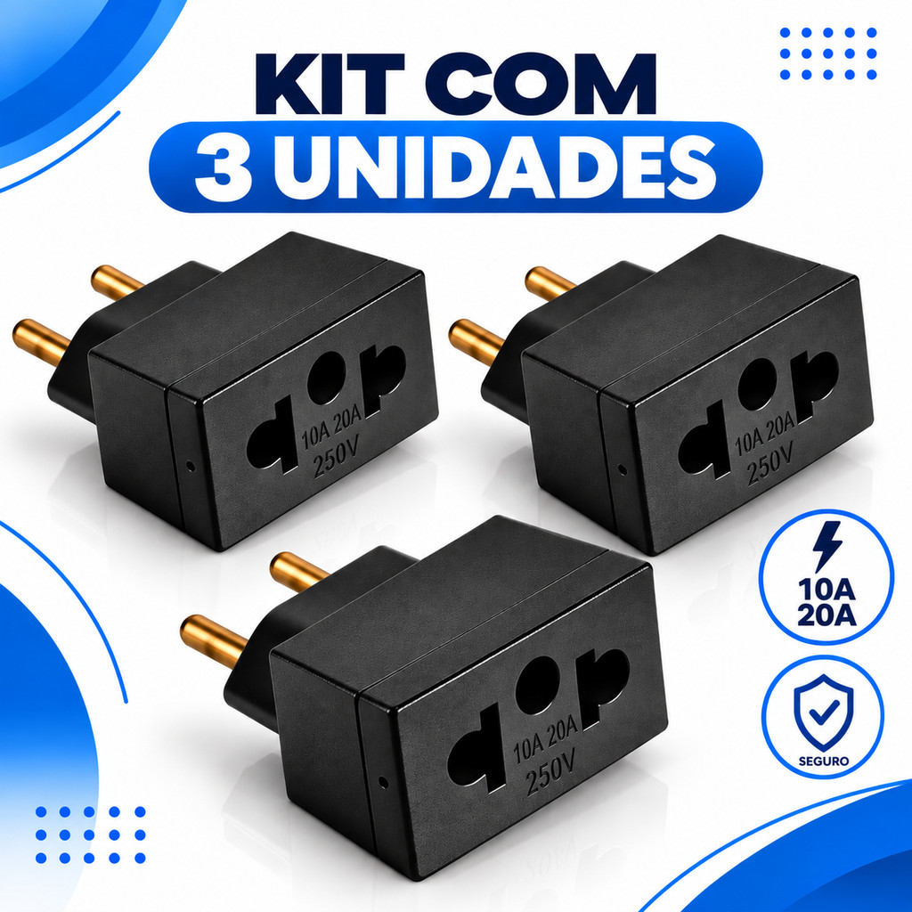 Imagem Kit 3 Adaptadores de Tomada Universal 20A - Preto