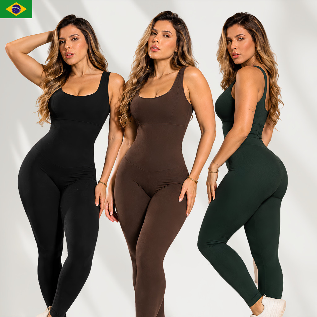 Kit até 3 Macacão Fitness Feminino Academia Bojo Removível Zero Transparência Fitness Treino