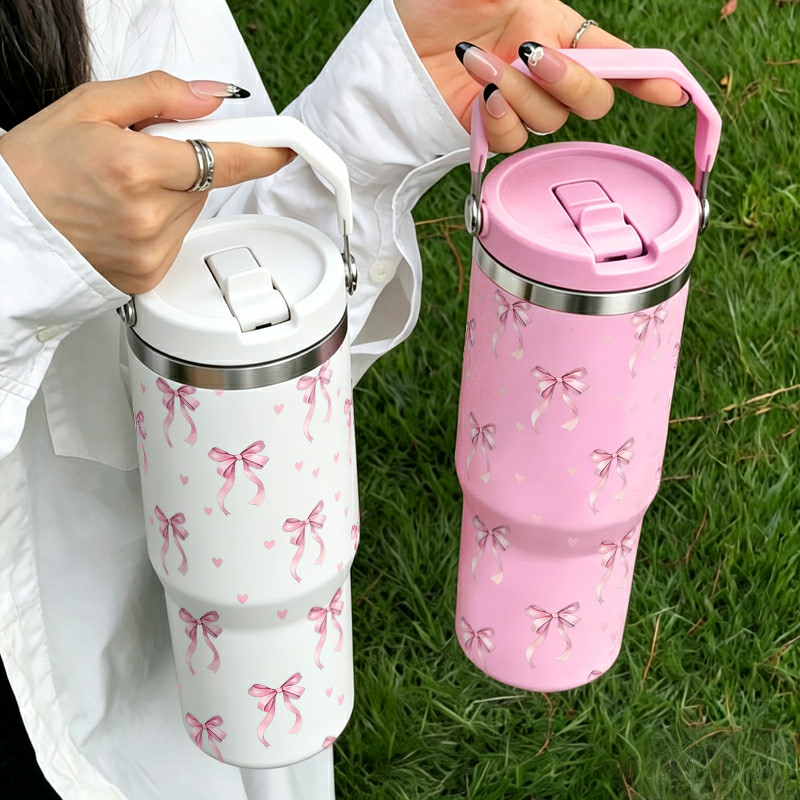 Garrafa Térmica de Aço Inoxidável com Estampa do Laço rosa 900ml, com Alça e Canudo