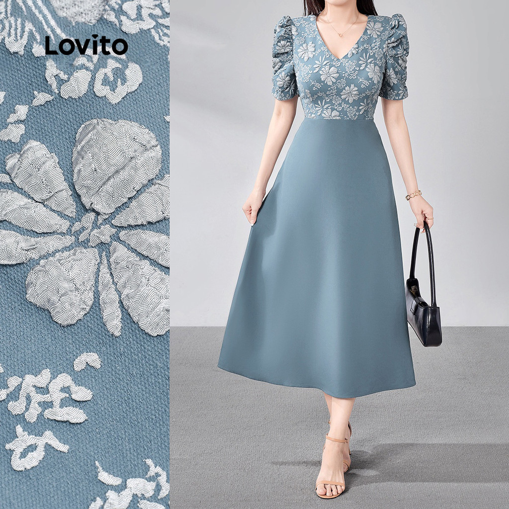 (Elegante)Lovito Vestido Midi Azul Elegante Com Estampa Floral Jacquard Colorblock Mangas Bufantes Decote Em V E Modelagem Evasê Para Primavera/verão Para Mulheres LR18ED006