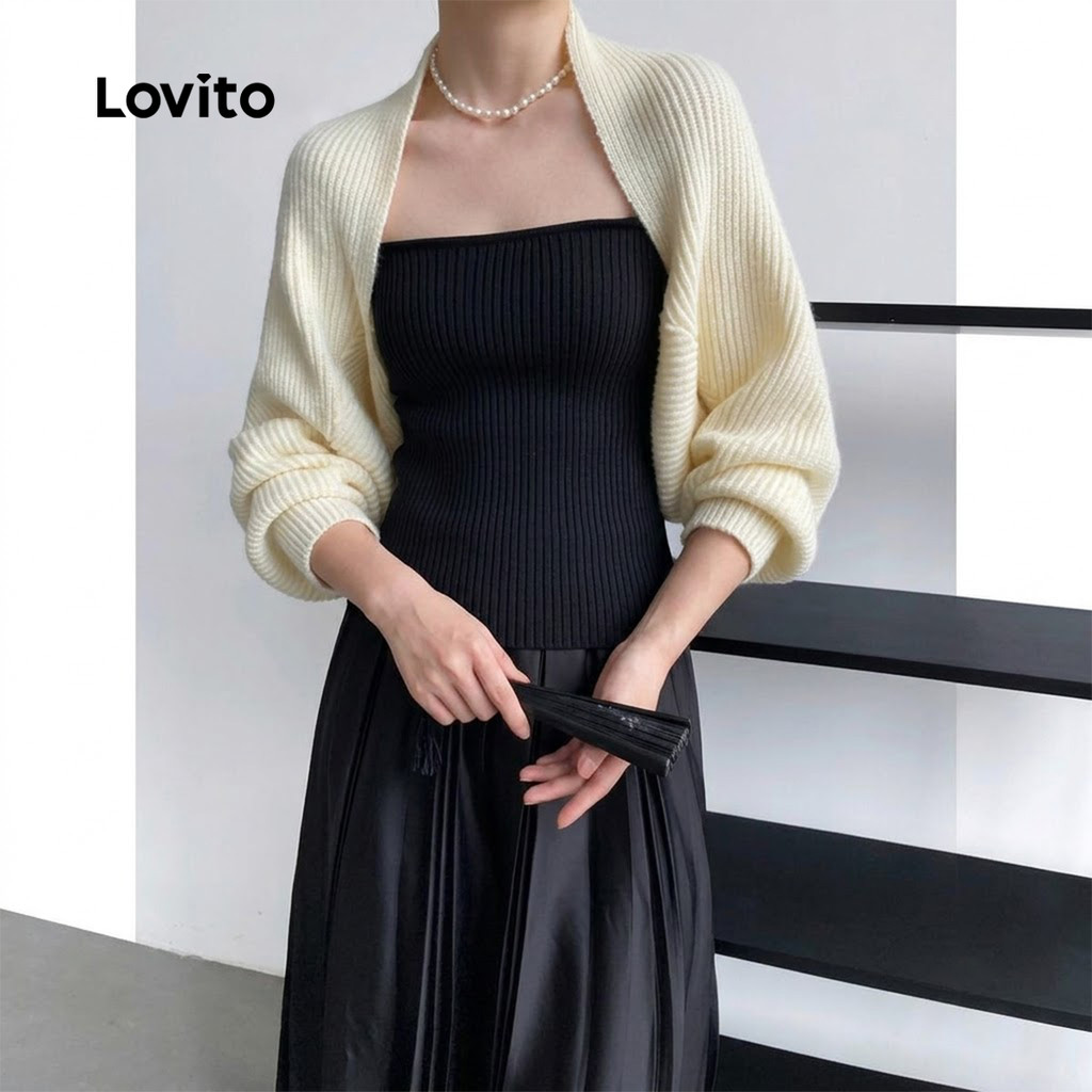 Lovito Casual Cardigãs Femininos e Básicos em Cores Lisas LNE37018 (Caqui Apricot Preto)