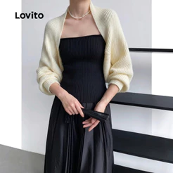 Lovito Casual Cardigãs Femininos e Básicos em Cores Lisas LNE37018 (Caqui Apricot Preto)
