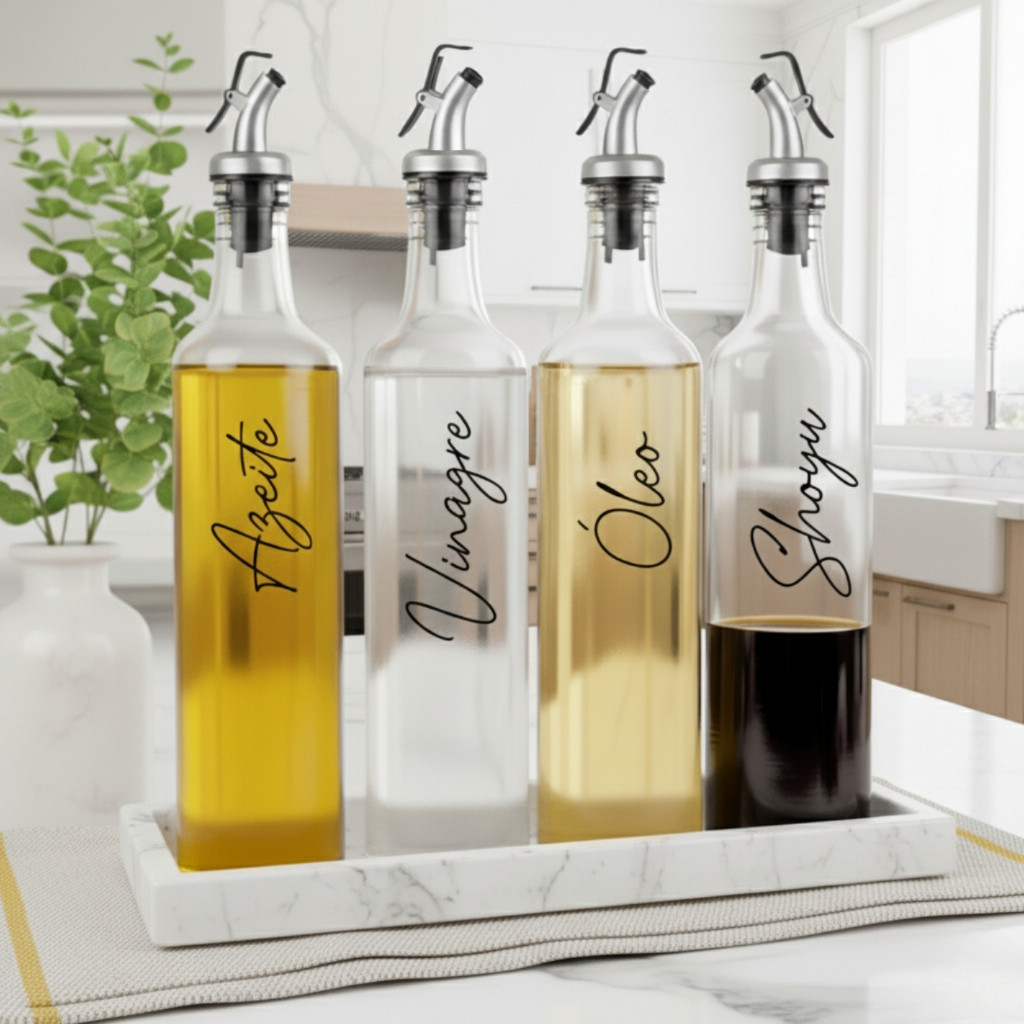 Galheteiro de Vidro 500ml com Bico Dosador Inox 4/3/2/1 Pç | Porta Azeite Vinagre Óleo Shoyu Pimenta