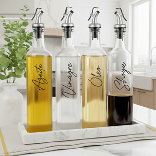 Galheteiro de Vidro 500ml com Bico Dosador Inox 4/3/2/1 Pç | Porta Azeite Vinagre Óleo Sh…