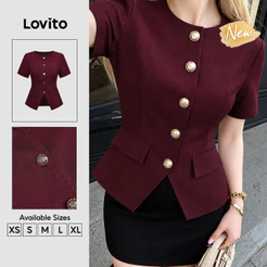 Lovito Blusa Feminina Bordô Manga Curta Gola Redonda Botão e Bolso Falso Primavera Verão Traje de Trabalho BLK10P1D1060