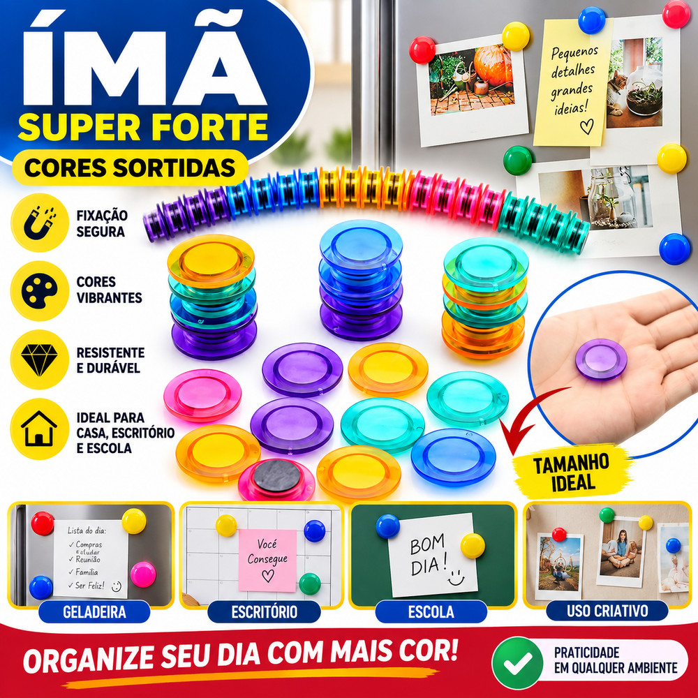 50 Imãs Coloridos Para Pendurar Avisos Em Geladeira Ou Quadro Metálico