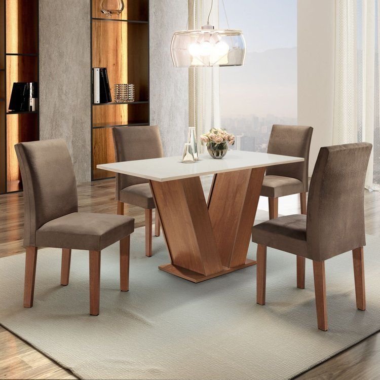 Mesa de Jantar com 4 Cadeiras Tampo MDF Espanha Yescasa Chocolate/Off White/Animale Marrom