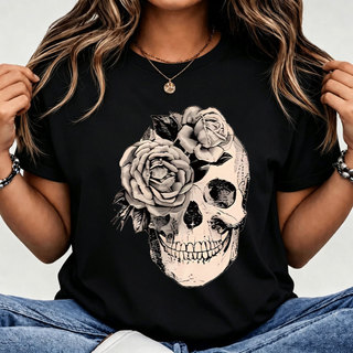 [Camiseta Premium em Algodão Puro]LA T - Shirt Feminino Curto Skull Rose Punk Estilo Noturno Nocturno P - G3