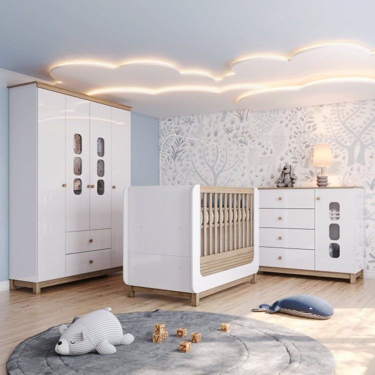 Conjunto Quarto de Bebê Berço 2 em 1, Guarda-Roupa e Cômoda Sophia Espresso Móveis Branco/Jequitiba
