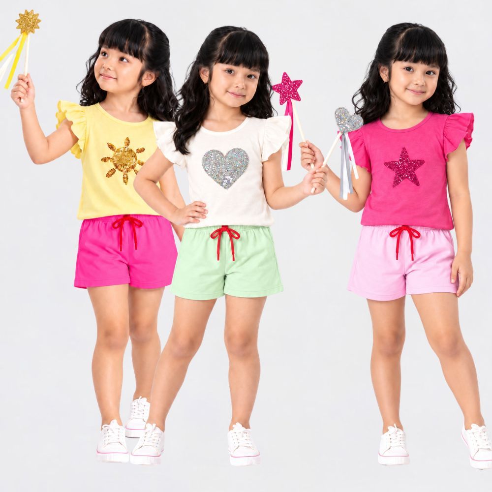 Kit 3 Camiseta Infantil Menina Manga Babado com Brilho e 3 Varinha Dia das Crianças - Kit Presente Sortidos | ED KIDS