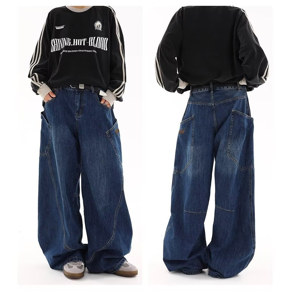 Calças jeans femininas novas, estilo americano retrô, azuis, com bolsos grandes, corte solto, pernas largas, calças casu