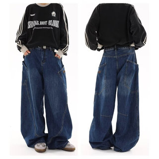 Calças jeans femininas novas, estilo americano retrô, azuis, com bolsos grandes, corte solto, pernas largas, calças casu